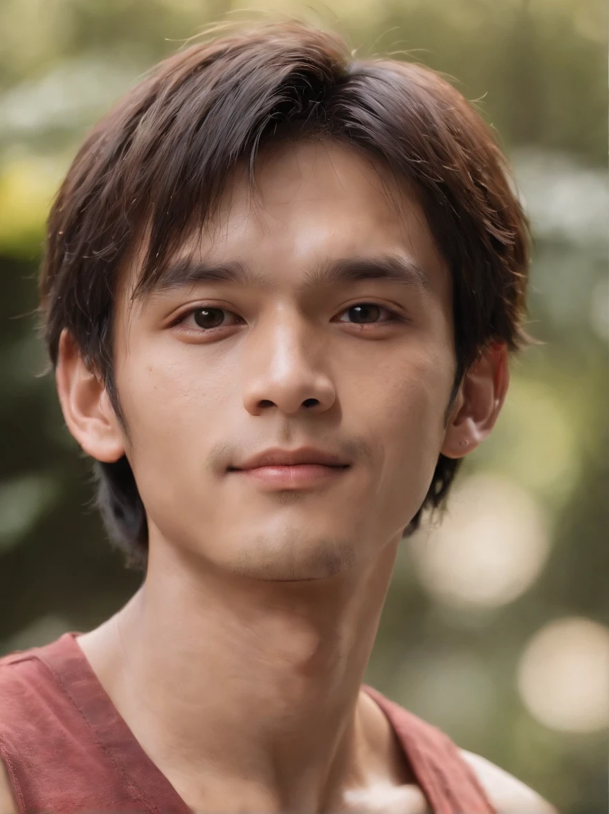 (Photo: 1.7) af (Realism: 1.7), Skin texture,Pirate King,Monkey D.Luffy, Realistic face, facial details, realistic, clear face,1boy, solo, male focus, scar, smile, hat, straw hat, black hair, grin, scar on face, shirt, looking at viewer, black eyes, red shirt, simple background, scar on cheek, upper body, collarbone,clear face, cheerful, warm light, avatar, handsome, young, short hair, (medium close-up)