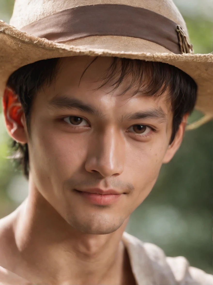 (Photo: 1.7) af (Realism: 1.7), Skin texture,Pirate King,Monkey D.Luffy, Realistic face, facial details, realistic, clear face,1boy, solo, male focus, scar, smile, hat, straw hat, black hair, grin, scar on face, shirt, looking at viewer, black eyes, red shirt, simple background, scar on cheek, upper body, collarbone,clear face, cheerful, warm light, avatar, handsome, young, short hair, (medium close-up)