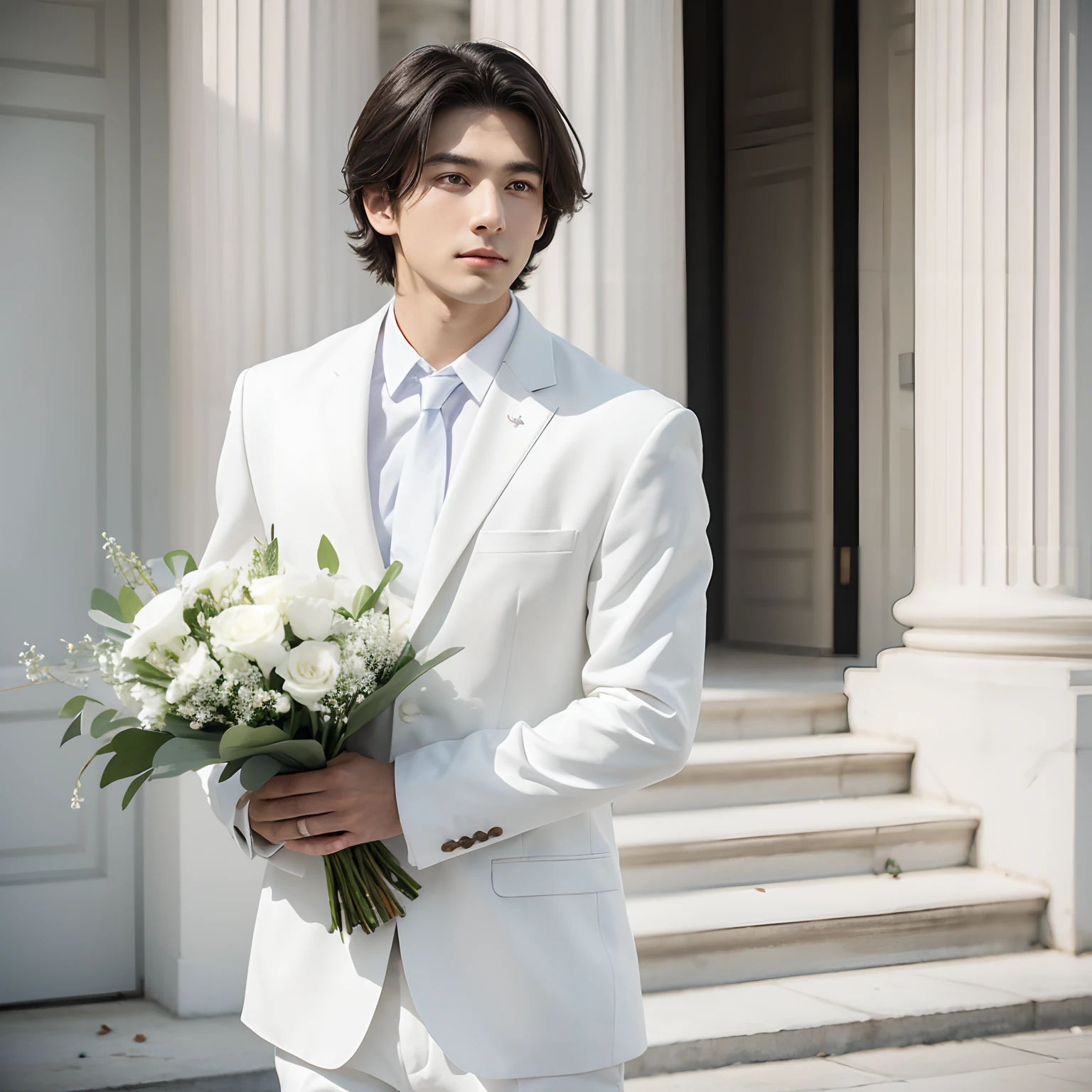 Dark-haired young man,holding a large bouquet of flowers in both hands,The flowers are white,White petals are falling around