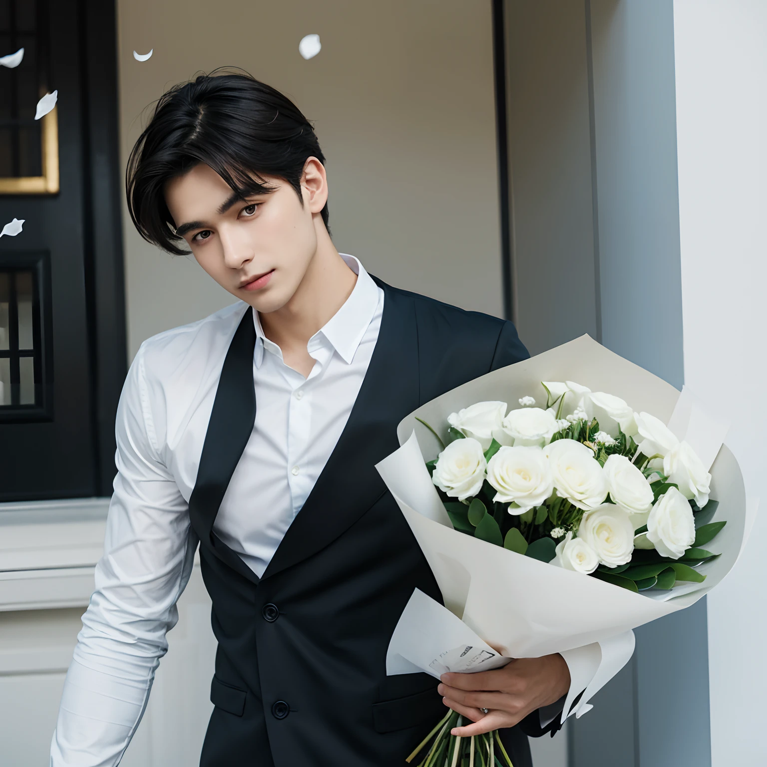 Dark-haired young man,holding a large bouquet of flowers in both hands,The flowers are white,White petals are falling around