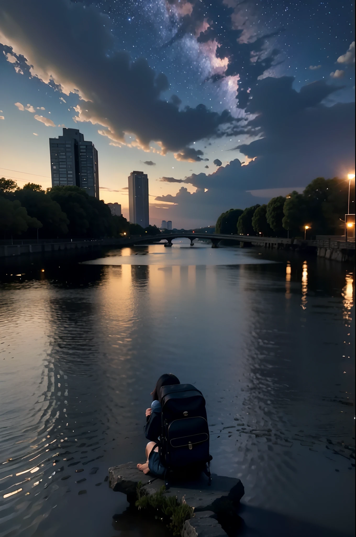 a scene of a small river at night under an overcast sky, scenery, cloud, sky, no humans, outdoors, reflection. a woman with a backpack sitting at a window looking at a city, 1girl, sky, star (sky), backpack, solo, bag, night, shooting star, scenery, starry sky, cloud, building, black hair, city, night sky, outdoors