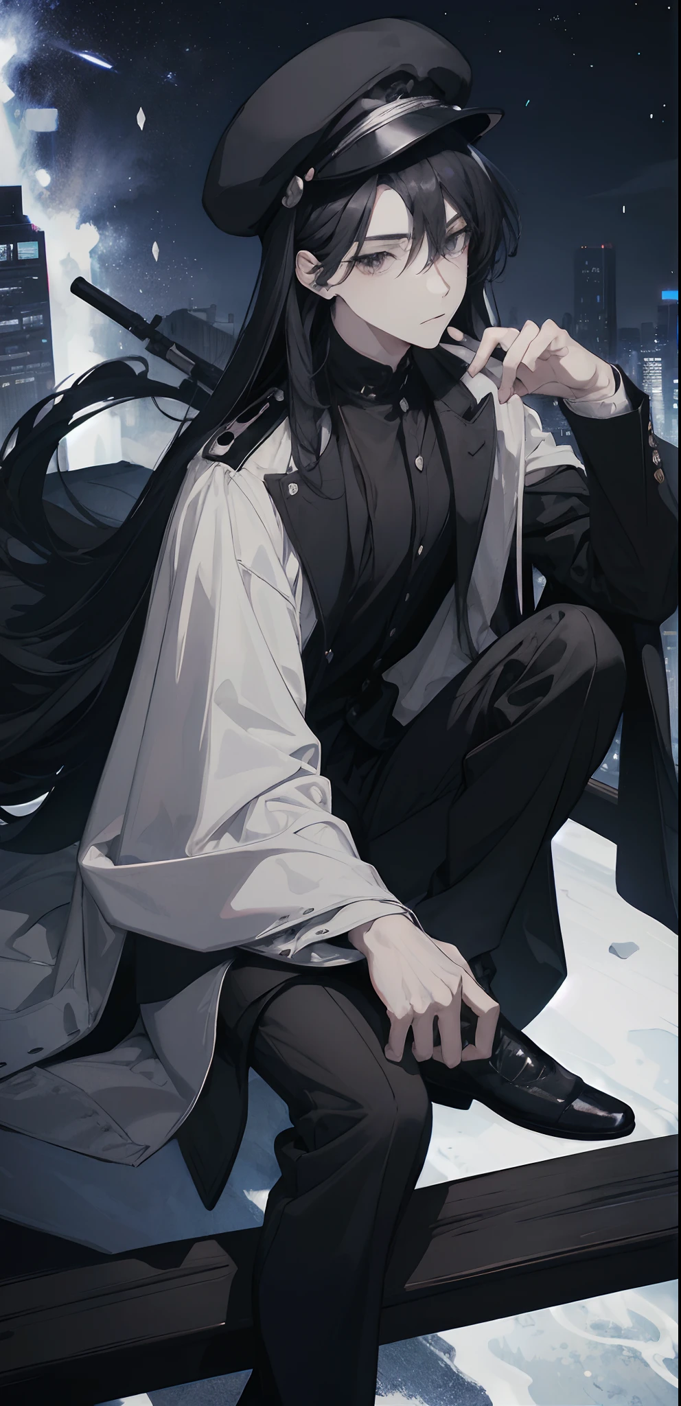 a man, neutral expression, long hair, black hair, combat boots, long black jacket, very baggy black trousers, white undershirt, black tie, black pilot hat, sitting on a curb, city background, at night, starry sky