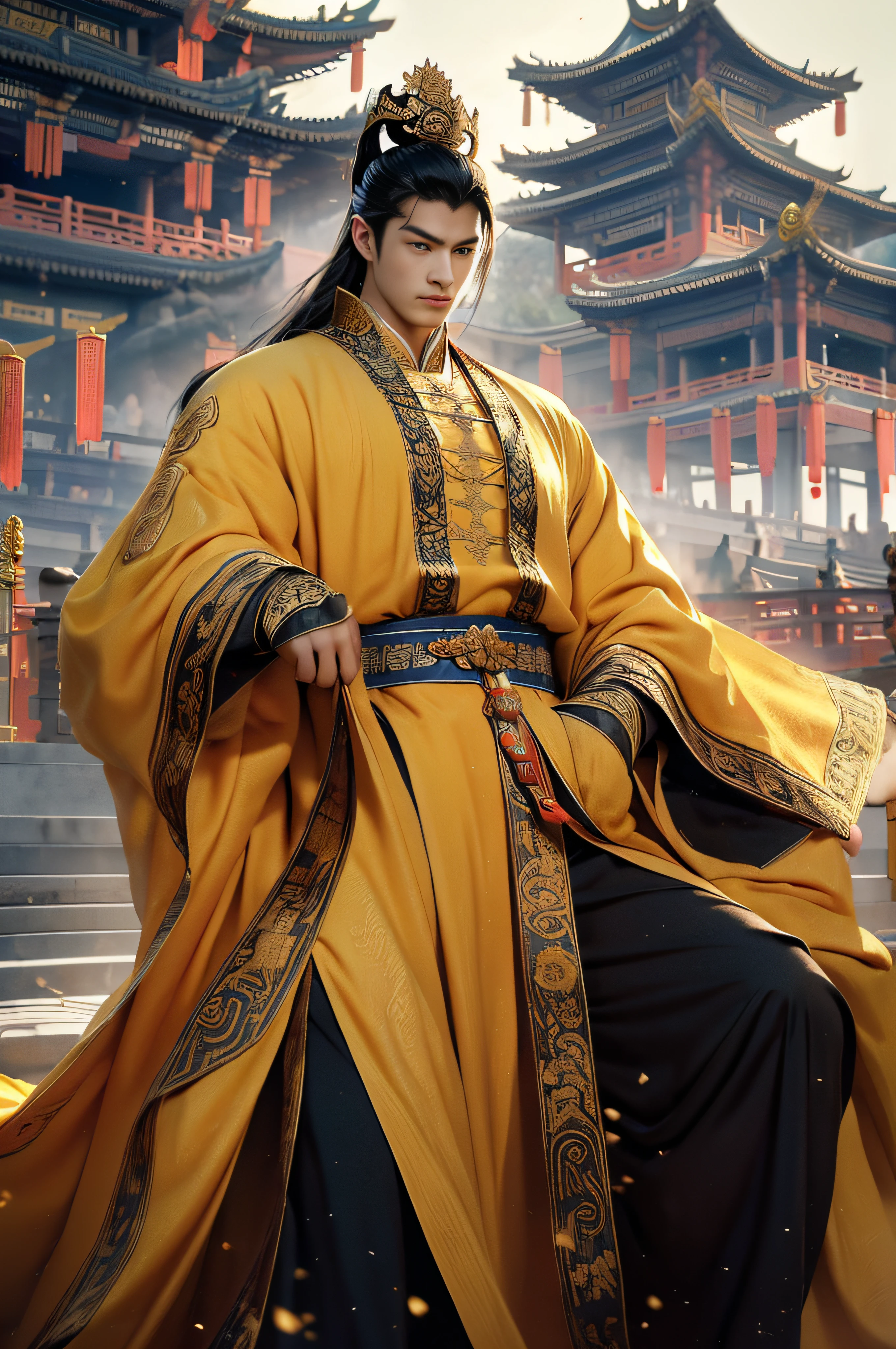 Epic CG masterpiece, Emperor of the Tang Dynasty of China,author：Guopei martial arts,Handsome, The greatest manhood, Straight crown, Golden robes, palace background, Tang dynasty, royal, dynamicposes, Stunning colors, 3D rendering of, surrealism, Cinematic lighting effects, Realism, 00 Renderer, Super realistic,