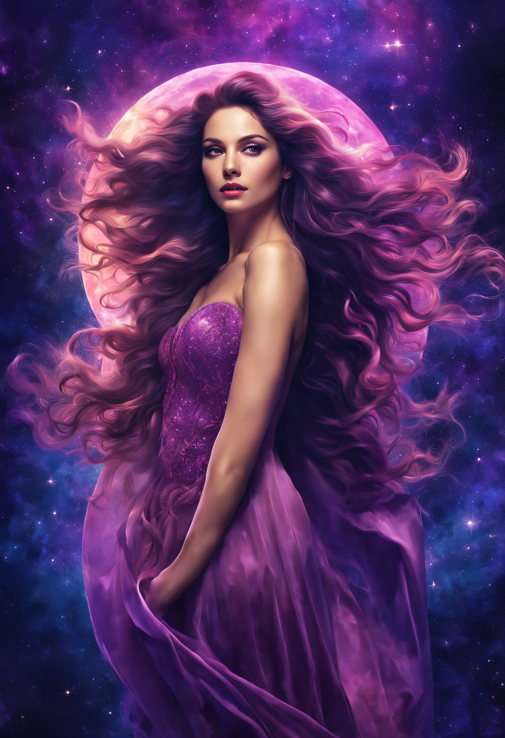 Venus, Goddess of beauty，A sea of illusory stars，long and flowing hair，Fantastic colors，filmposter，8K，tmasterpiece，Purple