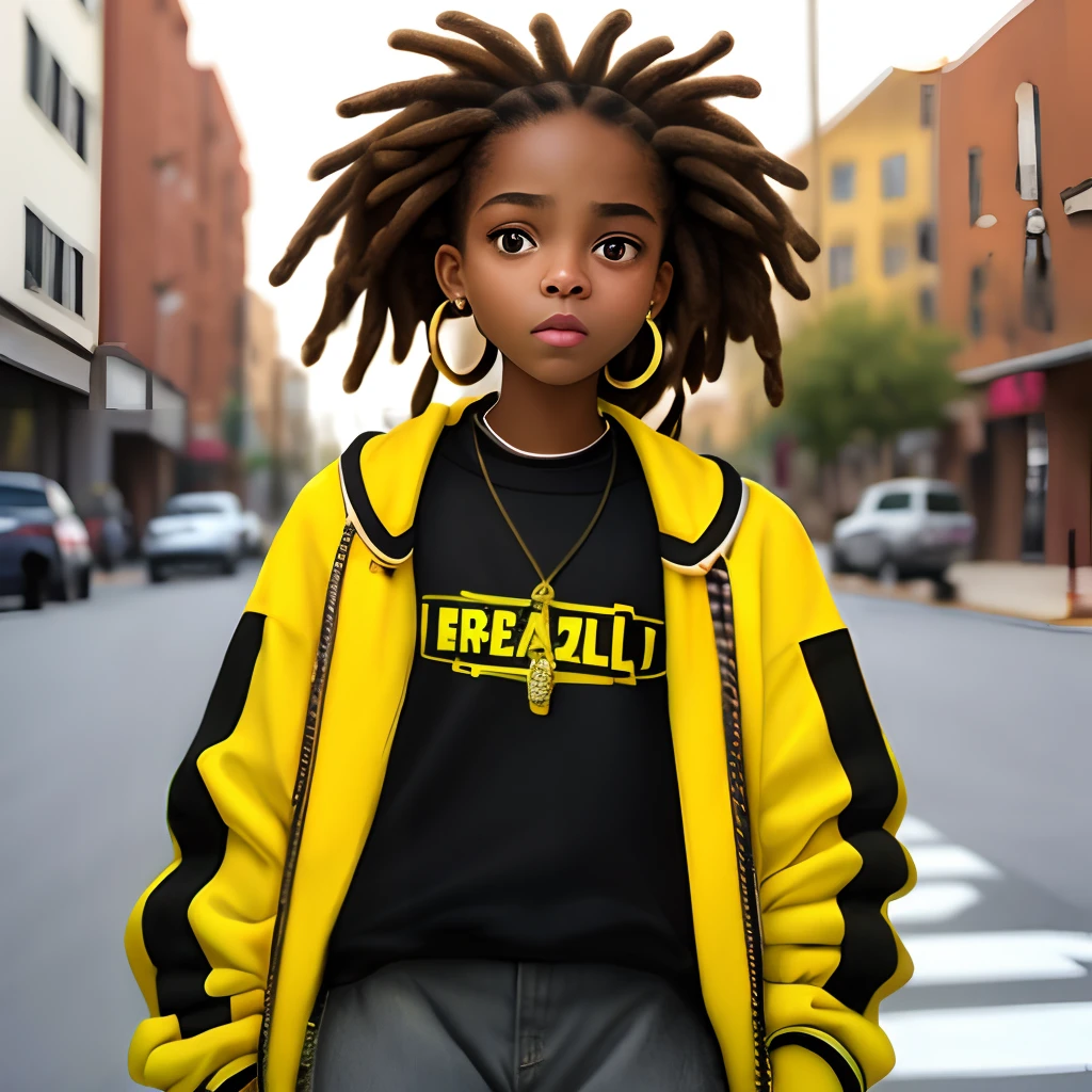 best quality, black girl on the street with dreadlocks and hoop earrings