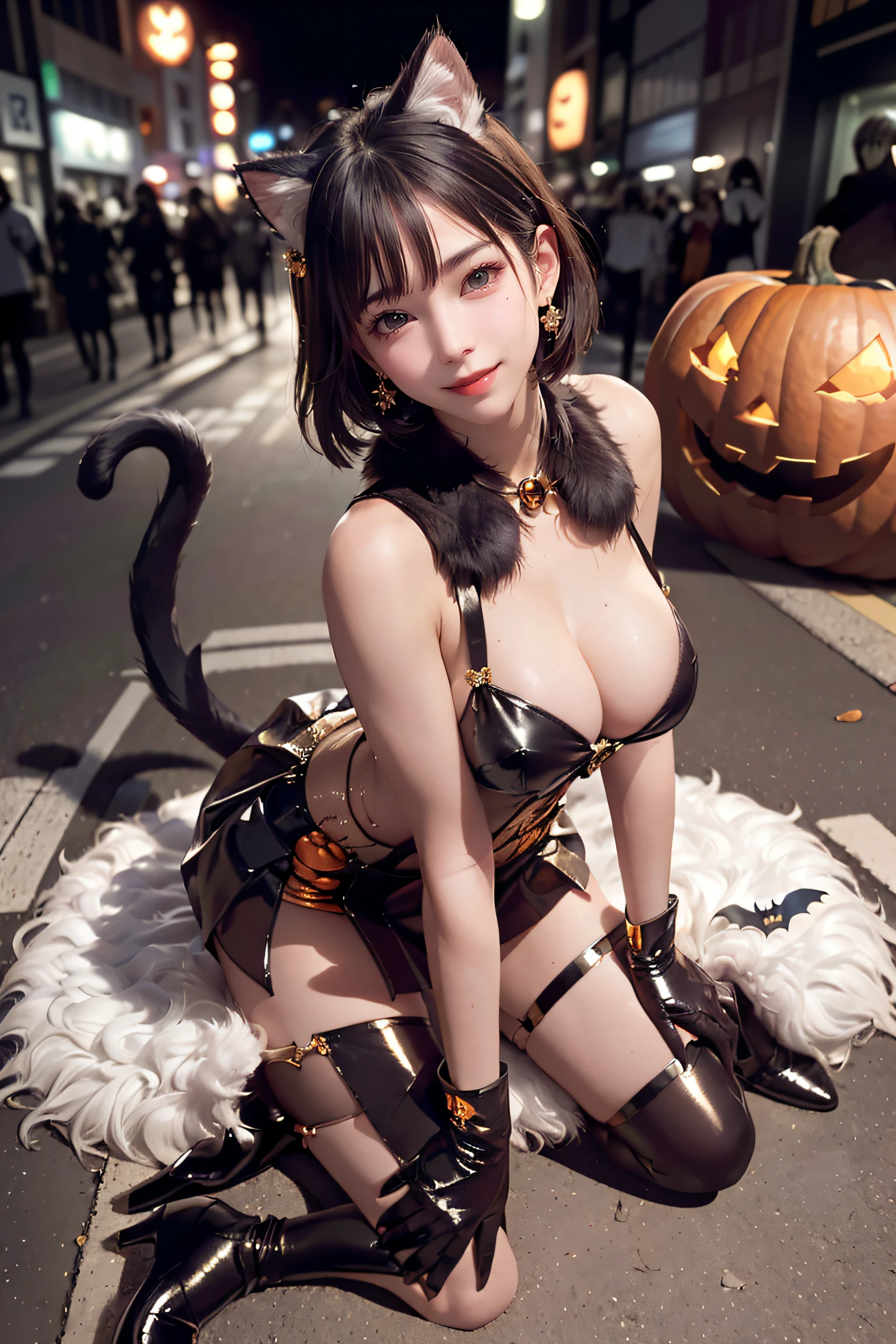 masterpiece, top-quality, top-quality, Beautifully Aesthetic:1.2, 1girl, Halloween party night, ((Wearing a high-quality Sexy cat costume of fur, gloves of cat, cat paw-shaped shoes, shiny slit miniskirt):1.2), high detailed, (Lying sideways on the ground with paw pose:1.3), (large breasts:1.2, (firm breast, nicely shaped breasts), slender figure,
((Dark Brown Hair)), wavy hair, ((short hair:1.2)),
((in A modern street of decorated for Halloween in Shibuya at late night:1.2)), (Full body shot:1.1), (From below:1.2), (Focus on face:1.1), ((looking at viewer:1.2)),