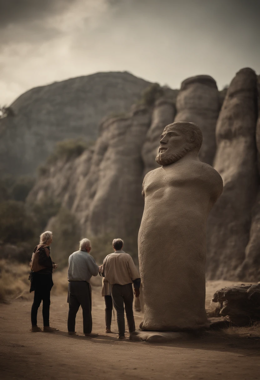 An old souvenir photo: An ancient human Very huge, 30 feet long standing next to three people and taking a picture. The photo was taken in 1818