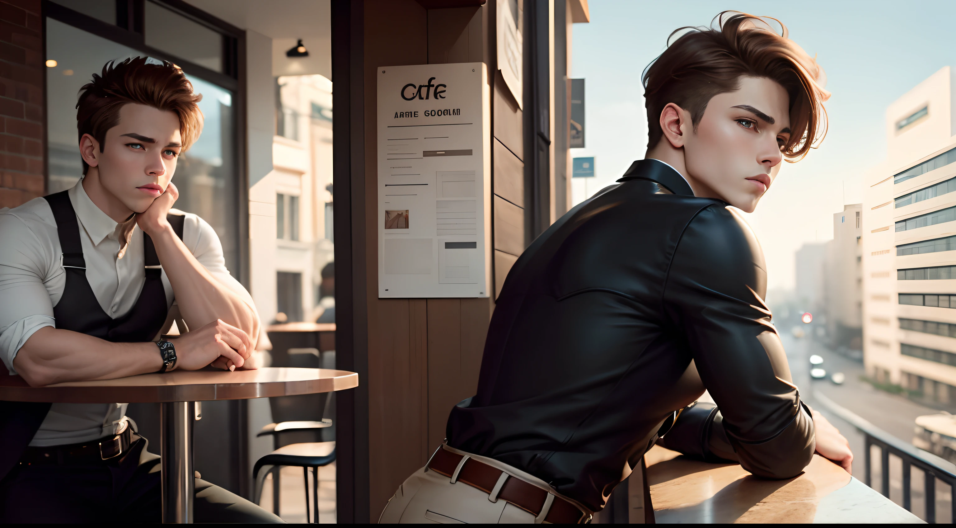 GAY,white skinned,brown hair,shorter pants,looking at viewert,,Cafe,Brown eyes,Realistis,Curved posture,Tough guy,Ambiguous