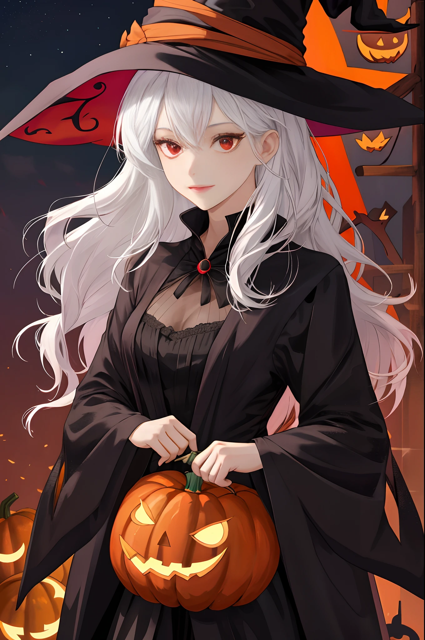There's a woman in a witch costume holding two pumpkins, a witch hat, a witch outfit, a black outfit, white hair, Halloween night background, red eyes, a pretty girl