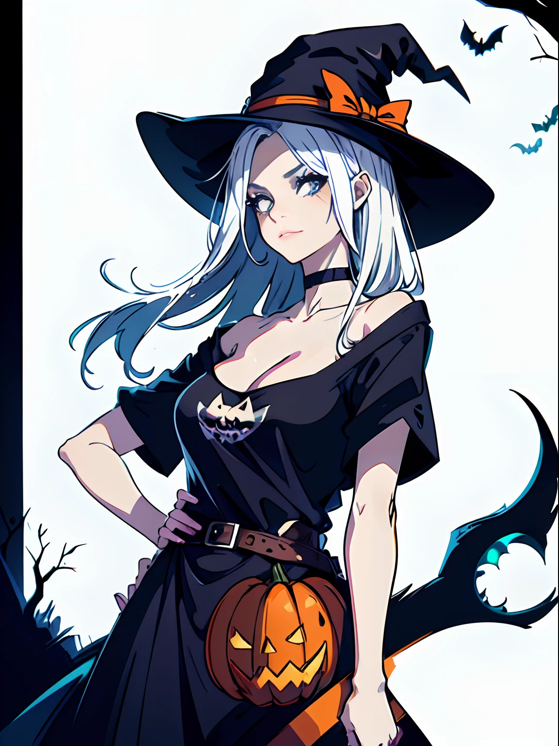 High quality design vector style image, t-shirt print style, graphic art white background of a Halloween style witch, bright and realistic colors, old style witch with a pointy hat, nose with a wart and a black cat at her side, fantasy style scenery halloween