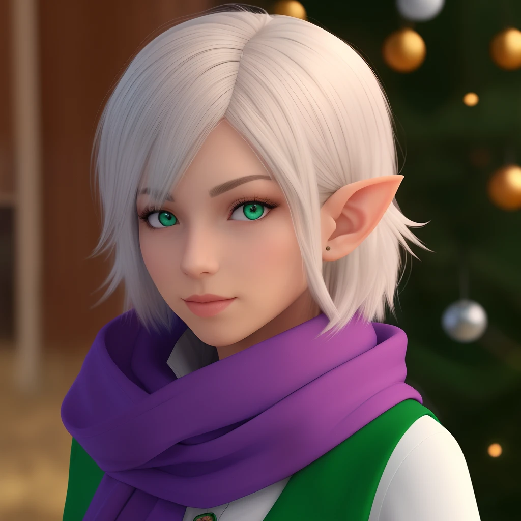 An elf girl, with short white hair, with purple eyes and wearing a green scarf