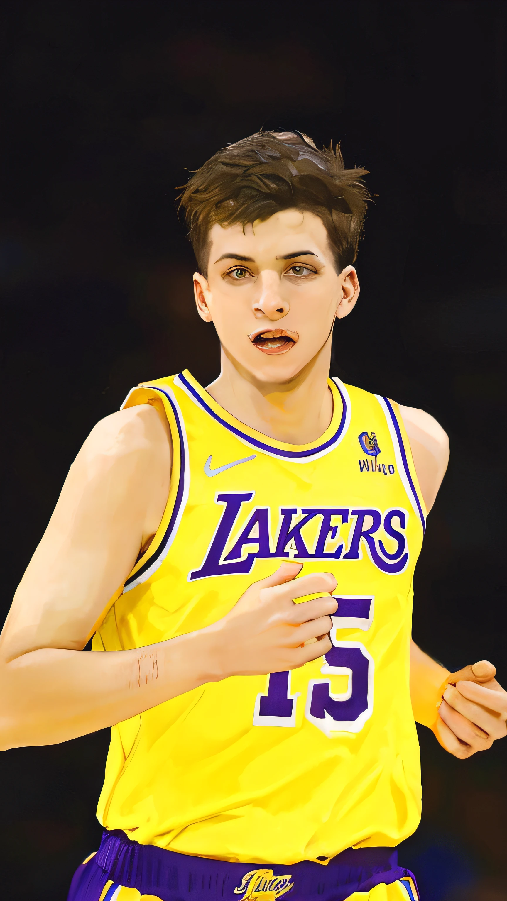 Close-up of a man in a yellow jersey running with a basketball, nikola jokic as the joker, luka mivsek, wearing NBA jersey, emma watson as a tall nba player, looks like jerma985, carson ellis, Robert Ayton, inspired by Ion Andreescu, los angelos, jakub gazmercik, he is floundering