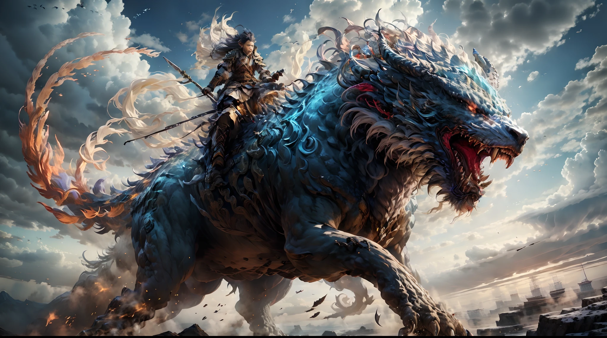Great Wilderness East Meridian，dream-state、fanciful、drak、Powerful wings，tmasterpiece，Toenails，sickle，salama，Layered hair，Multicolored fur，Riding，超高分辨率，high high quality，Export details