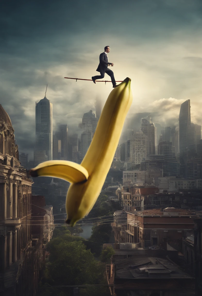 Illustrate a comical scene with a character balancing a top a giant banana peel on a tightrope high above a surreal banana cityscape, closeup, movie poster, surreal,