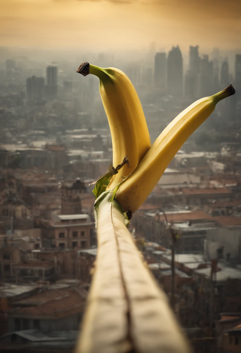Illustrate a comical scene with a character balancing a top a giant banana peel on a tightrope high above a surreal banana cityscape, closeup, movie poster, surreal,