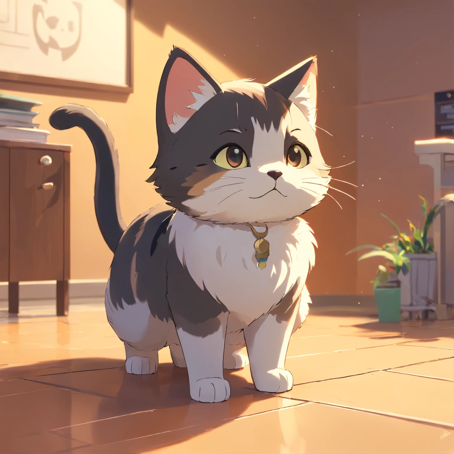 Tiny cute isometric cat emoji,standing ,big furry detailed tail,tuxedo cat, Black and white cat, Cute furry, soft gold background, with soft pastel colors, 3d icon clay render, 120mm lens, 3d blender render, trending on polycount, modular constructivism, Orange background, physically based rendering, centered
