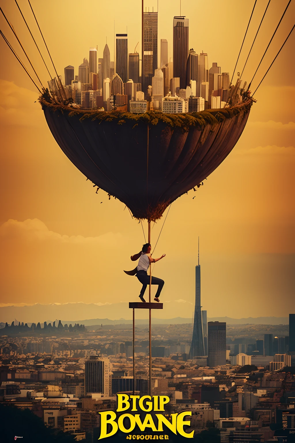 Illustrate a comical scene with a character balancing a top a giant banana peel on a tightrope high above a surreal banana cityscape, banana building, closeup, movie poster, surreal,