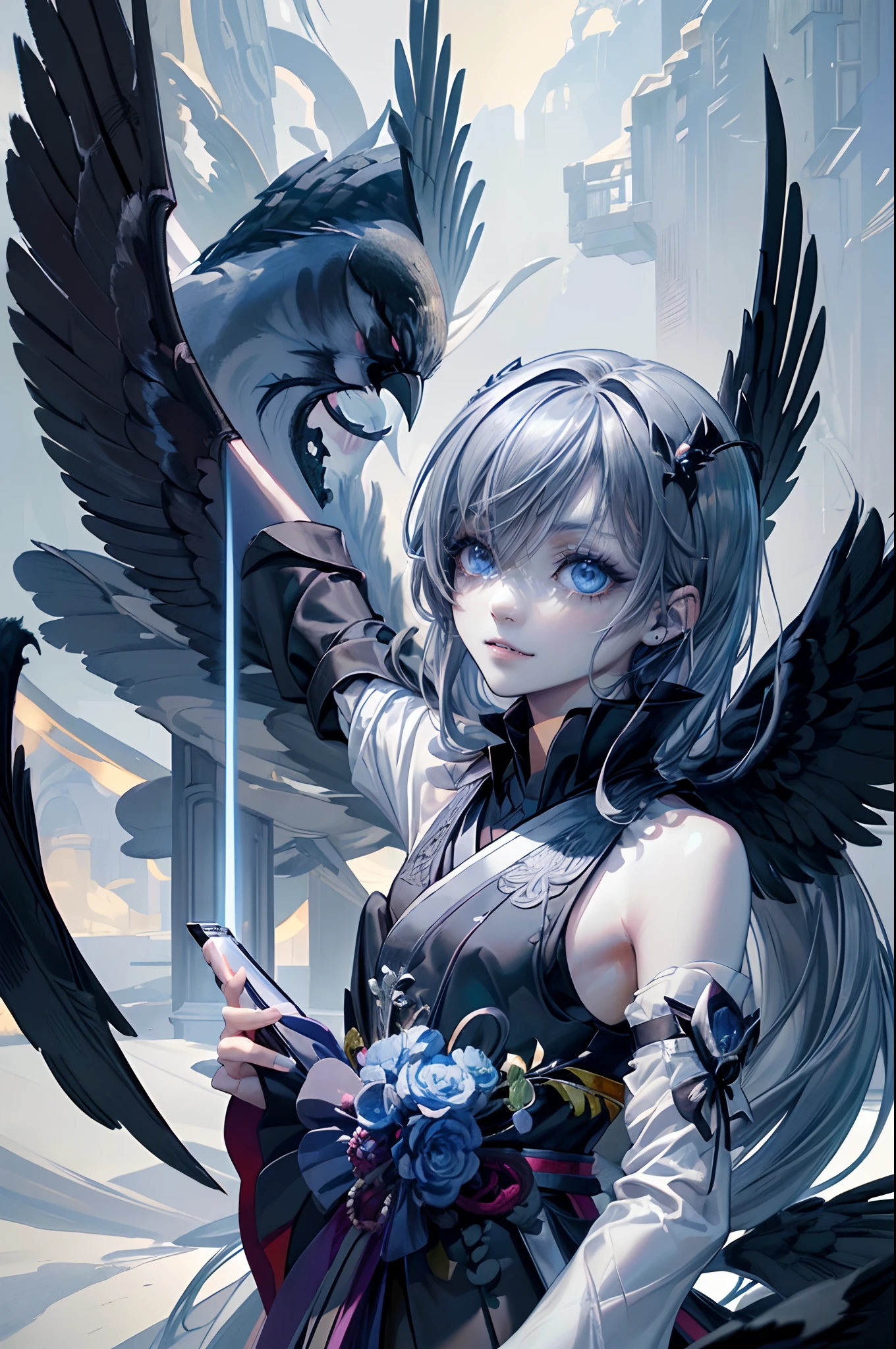 ((4K works))、masterpiece、(top-quality)、((high-level image quality))、((one beautiful women))、Slim body、((Black Y Shirt Fashion))、(Detailed beautiful eyes)、Crow on fantastic city background、((Face similar to Chaewon in Ruseraphim))、((shoulder-length hair))、((bright silver hair))、((Smaller face))、((Neutral face))、((Light blue eyes))、((Korean Women))、((18year old))、((Wild Lady))、((Wild look))、((Show your fangs and laugh))、((Korean makeup with black eyeshadow))、((elongated and sharp eyes))、((Shot alone))、((Fallen Angel))、((Fallen Angel Woman))、Photos of fallen angels、Villain、((amazing photo))、Photographed so that the whole body can be seen、horor、((There is a crow on the right shoulder))、Dark Proof、((Shot diagonally from the side))、((Girlfriend taking a selfie))、((Focus zoom on face))