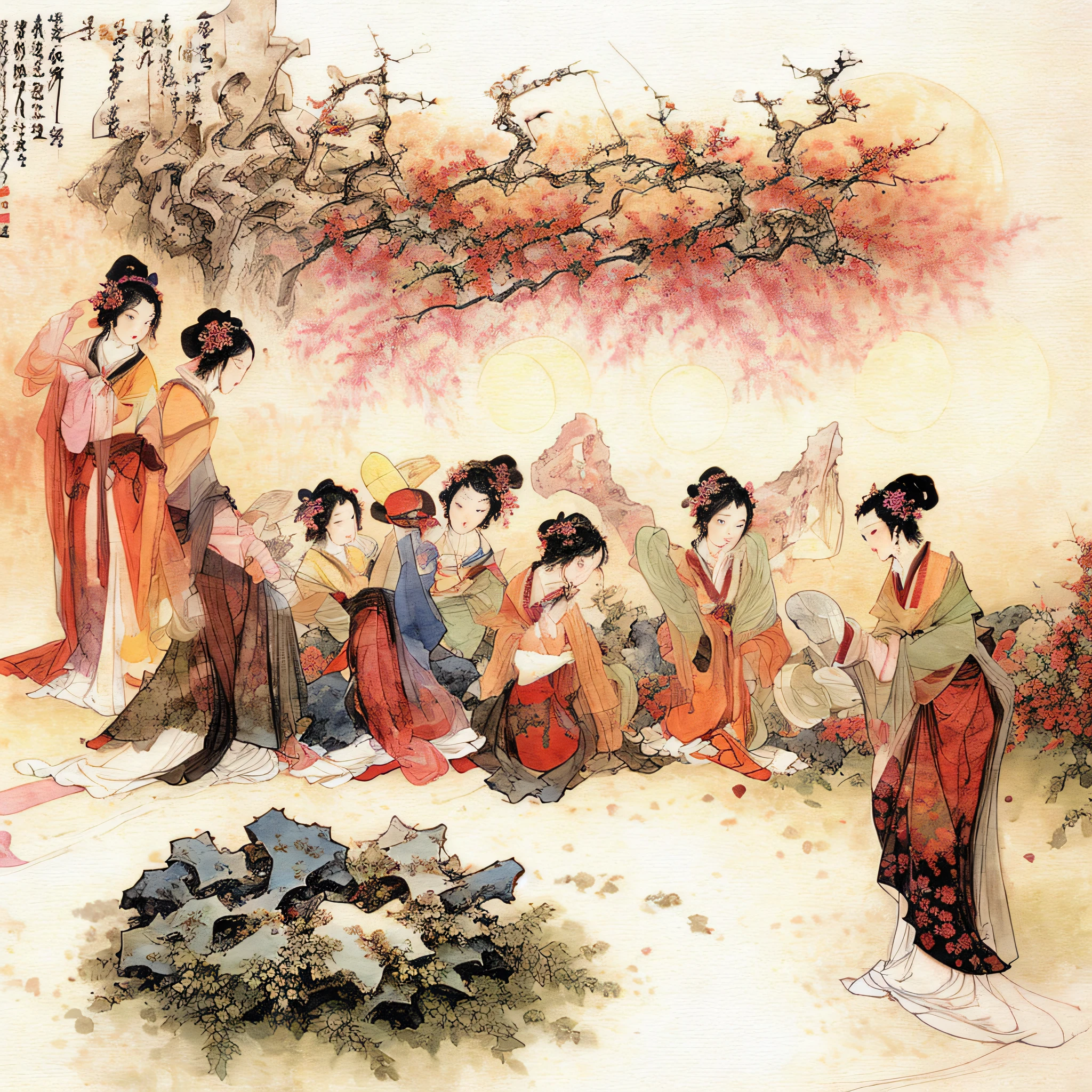 Masterpiece, Best quality,(full bodyesbian:1.3), Solo,chinese paintings,Beautiful face and eyes details of Chinese girl, Perfect skin,make happy expressions,The sisters make wine together,clean color,Low-saturation colors,Colors of low brightness,rich details​,Ancient Chinese Ming dynasty style,Quiet and elegant atmosphere,The red tone is the keynote,Pure,light make-up,Jade jewelry,hair adornments,moon full,Colorful,sharp and clear focus,instagram most viewed, Concept artist, Depth of field,flower,Bush