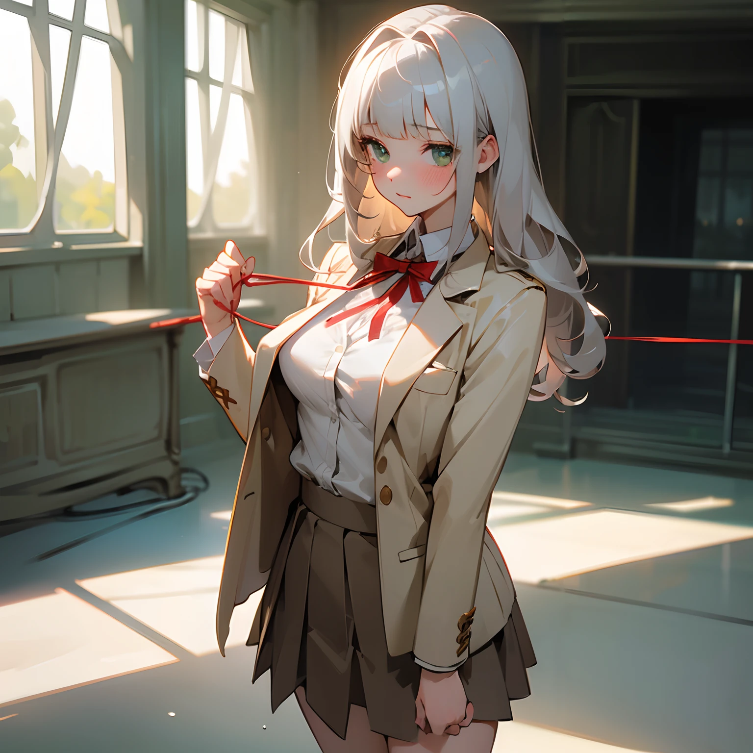 ((Masterpiece)), (Professional Photography:1.2), (High Definition:1.3), best quality, 8K, Textured skin, cinematic lighting, (1girl), short stature, ((cute teenage young girl)), (very blunt bangs, slightly loose curls hair, breasts length hair, high details of pale silver hair), (very blush), brilliant green eyes, drooping eyes, slender waist, ((undress slovenly)), (pale Ivory color blazer student's uniform, white blouse, red string ribbon, brown skirt), Cheerful Pose on the concrete, naked breast