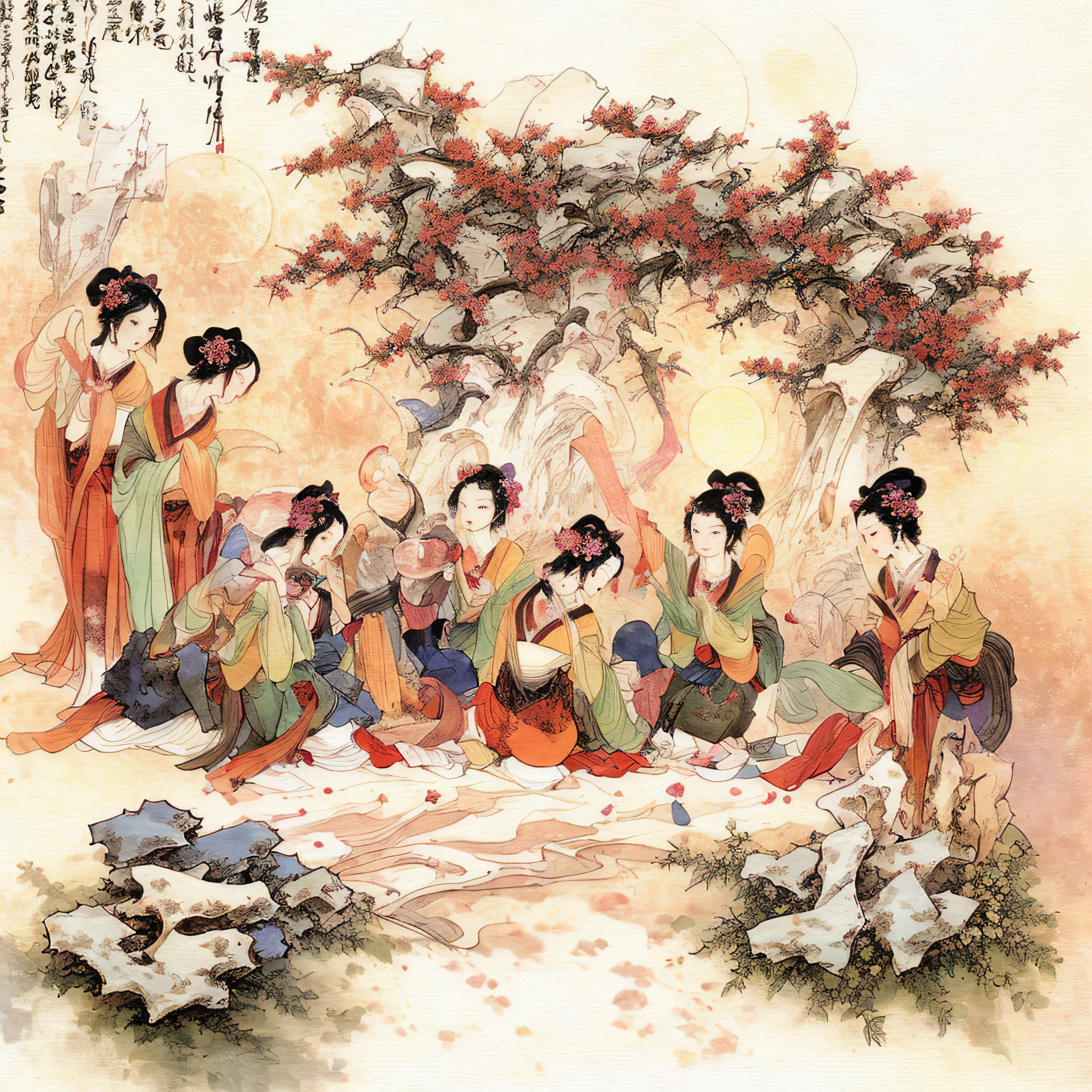 Masterpiece, Best quality,(full bodyesbian:1.3), Solo,chinese paintings,Beautiful face and eyes details of Chinese girl, Perfect skin,make happy expressions,The sisters make wine together,clean color,Low-saturation colors,Colors of low brightness,rich details,Ancient Chinese Ming dynasty style,Quiet and elegant atmosphere,The red tone is the keynote,Pure,light make-up,Jade jewelry,hair adornments,moon full,Colorful,sharp and clear focus,instagram most viewed, Concept artist, Depth of field,flower,Bush