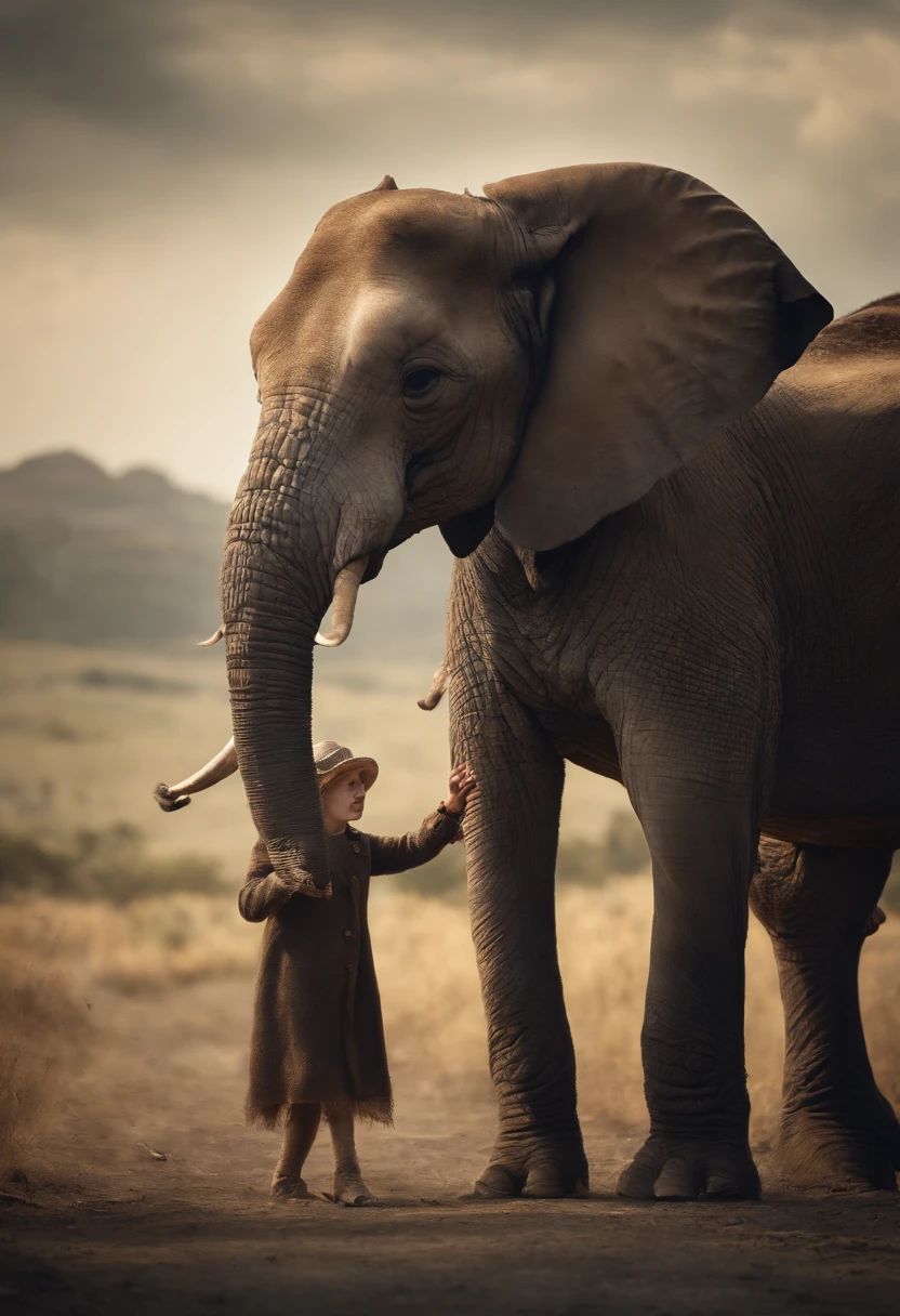 Create an image of a character who is part-human, part-elephant, leading a whimsical parade of animals, from giraffes on stilts to monkeys in bowler hats.