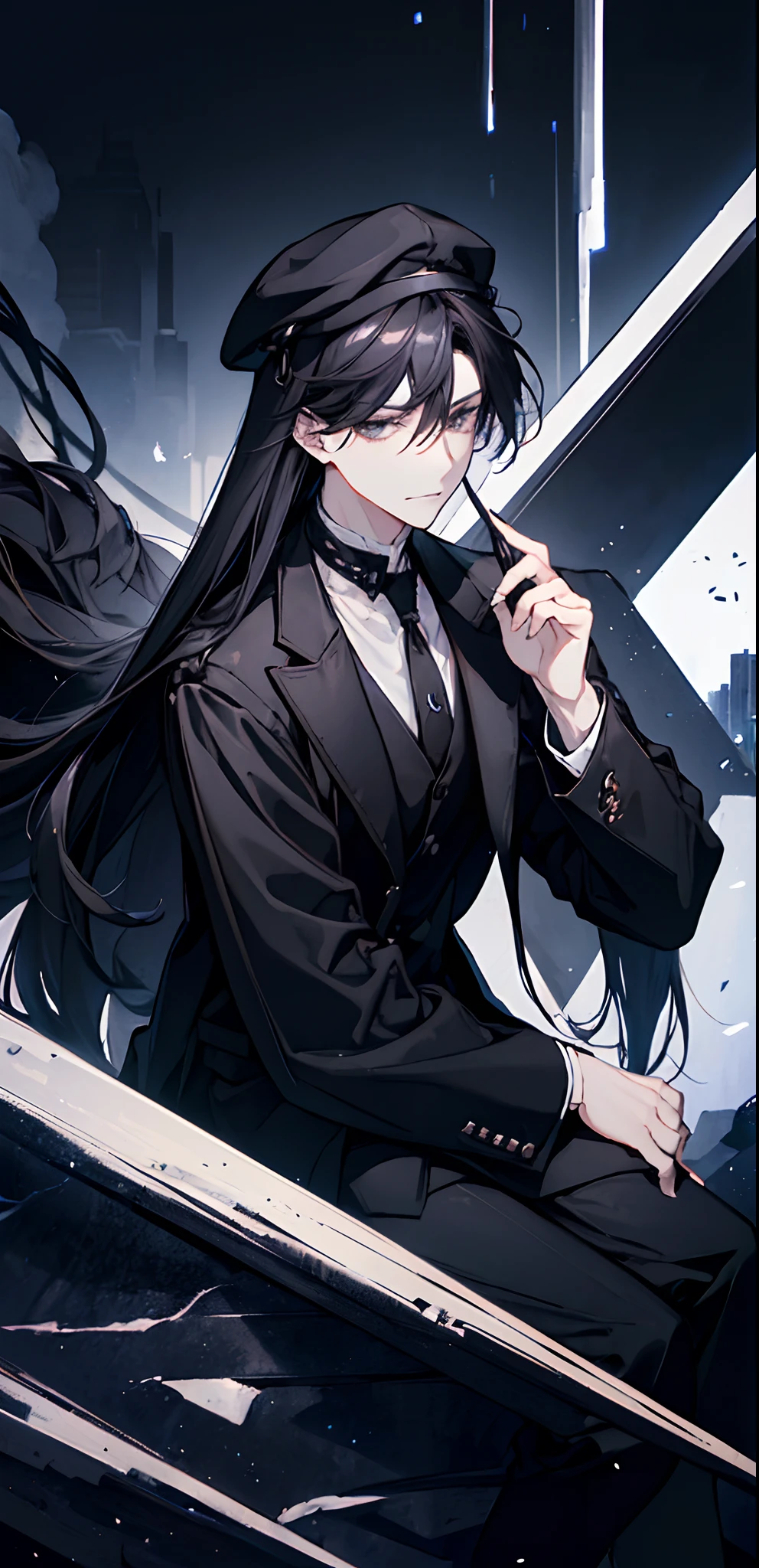 a man, neutral expression, long hair, black hair, combat boots, long black jacket, very baggy black trousers, white undershirt, black tie, black pilot hat, sitting on a curb, city background, at night, starry sky, sly smile, genshin impact trailer style, splash art, sparkles