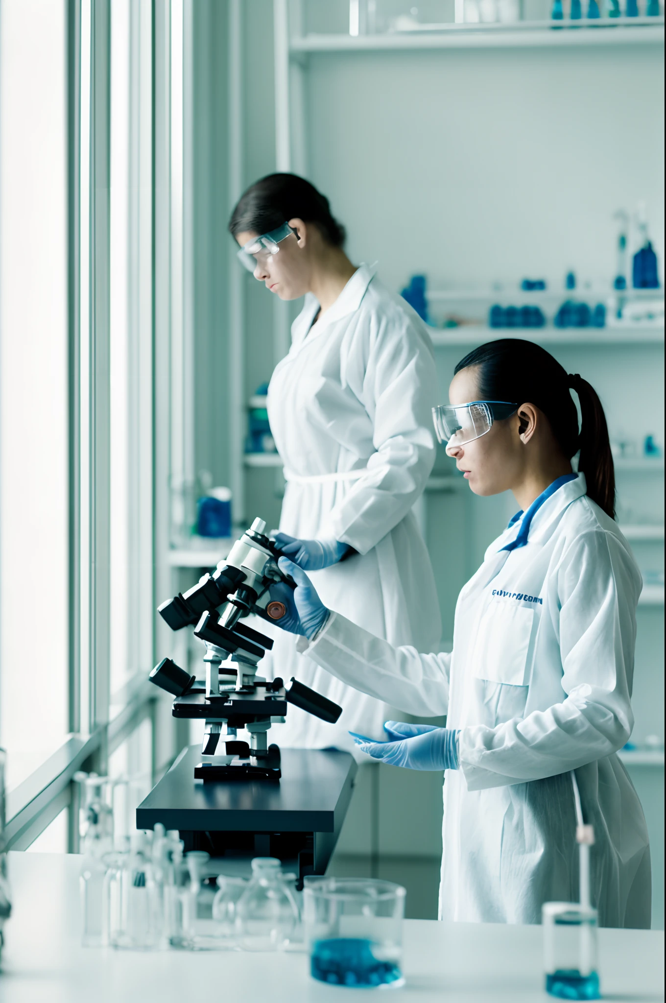 (YES NSFW), RAW photo, a gorgeous European girl doctor, (1girl:1.3), (1girl), (labcoat:1.3), detailed skin, real pores, (microscope on the desk), Inside a laboratory there is a table with laboratory test tubes, a computer and sheets. Daylight, cinematic. 8k, sunlight. Light comes in the laboratory from open window, uhd, dslr, soft natural volumetric cinematic perfect light, low angle view, shooting "from below", high quality, film grain, Fujifilm XT3,