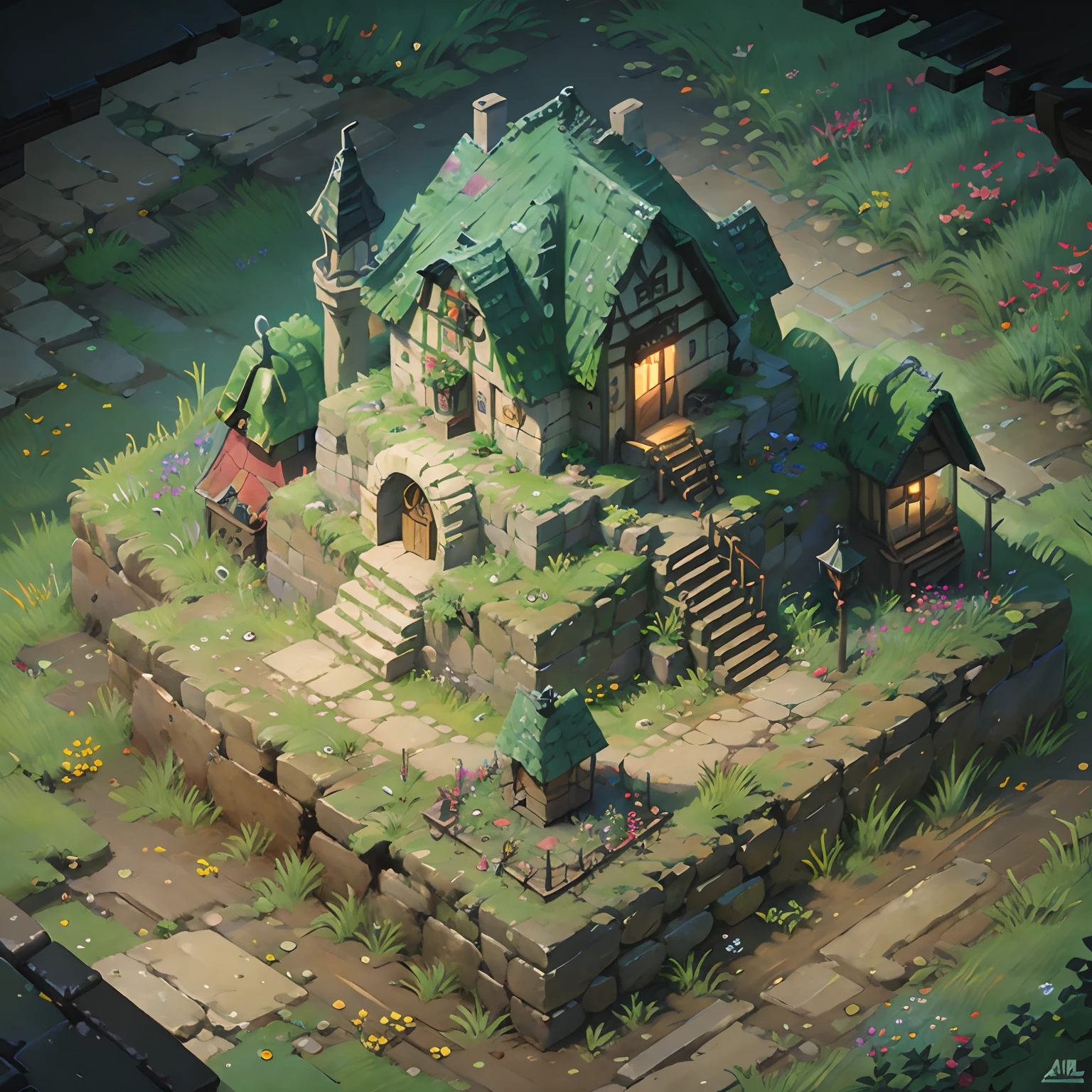 8K, (((isometry))), Look down at 45°,Top-down fantasy,the night,Isometric art of the Pumice Islands, ln the forest,grassy fields,Luminous flowers,Avatar,Cartoony,Q version of role-playing, alta fantasia, art stations, concept-art, moss, Final Fantasy, Legend of Zelda, 8-bit video game art,in style of ghibli
