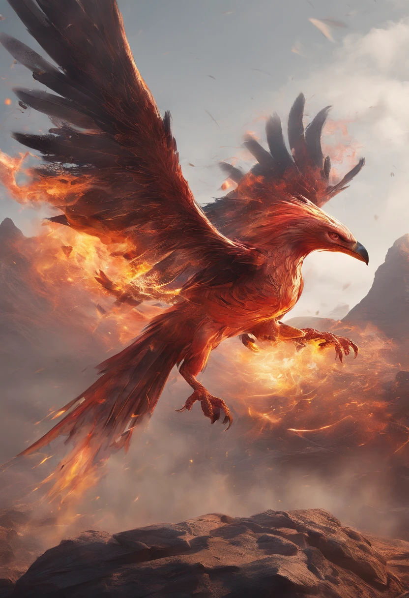 Flame Firebird，Cracked earth，the detail，super-fine，Ultra photo realsisim，Hyper-realistic，Works of masters，8K wind resolution，OC renderer，