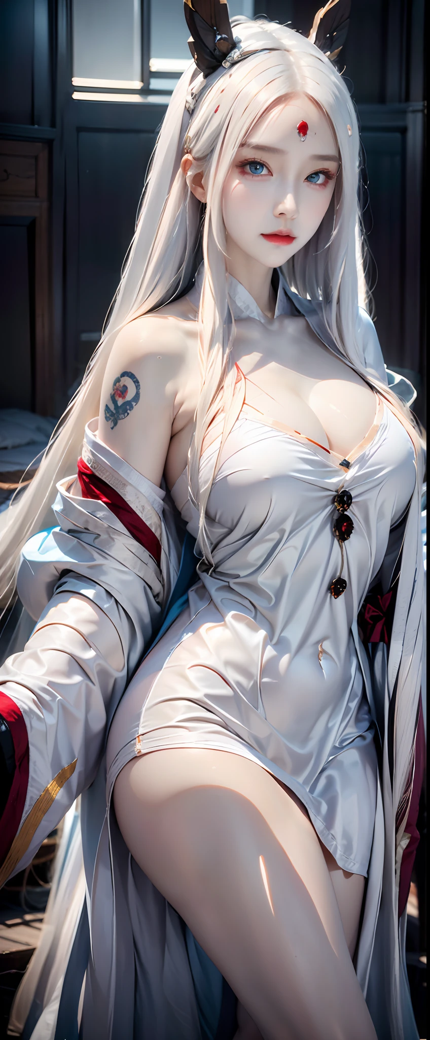 photorealistic, high resolution, soft lights, 1women, solo, hips up, blue eyes, white hair, long hair, hanfu, hips up, jewelry, tattoo, cherry blossom