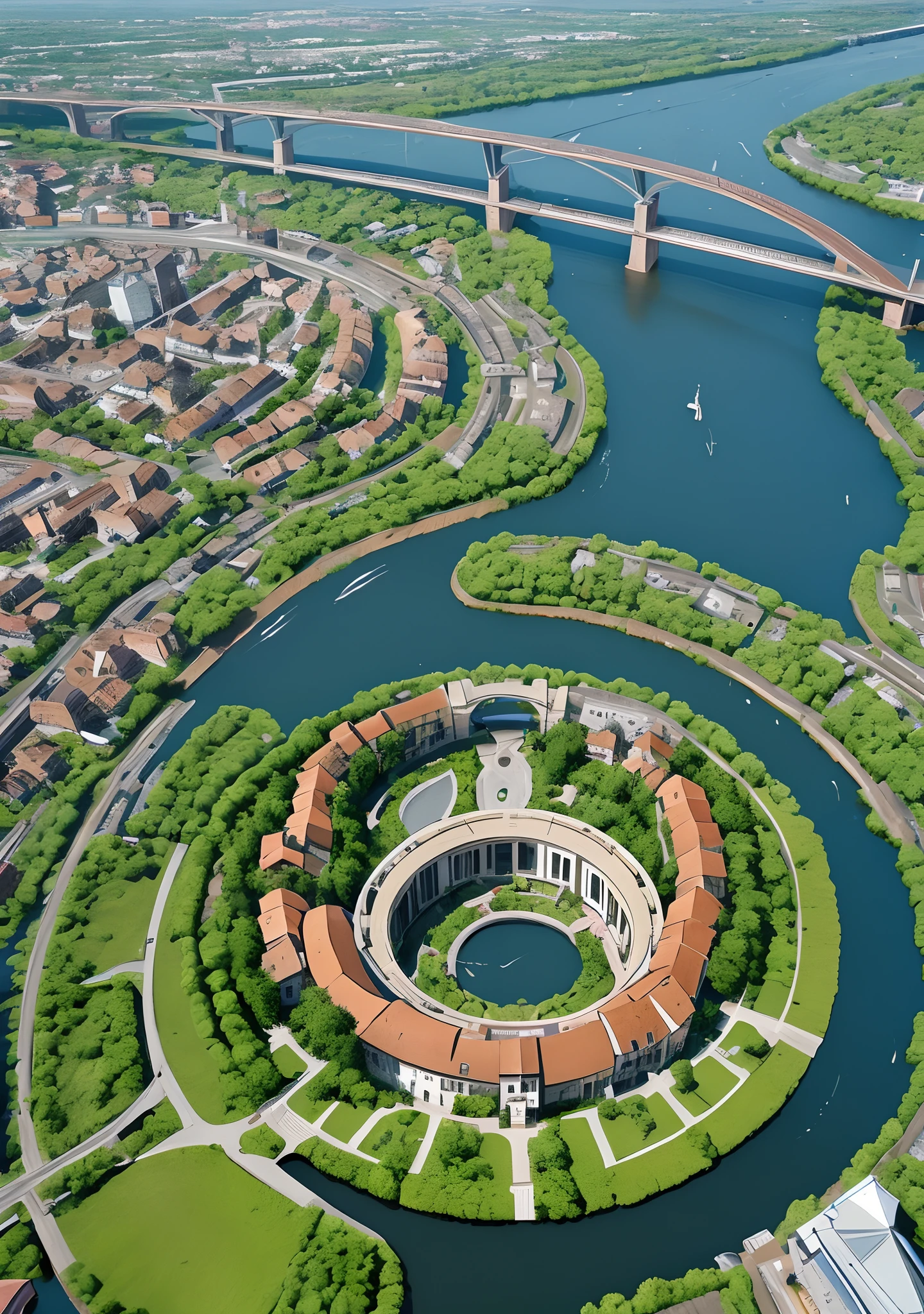 A city giant circular surrounded by houses river flowing through it.  Portal in the middle of the city.