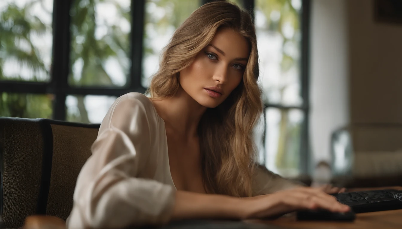 foto de Gigi Hadid com longos cabelos loiros , super detailed eyes , Olhando para o Viewer, sentado em uma mesa com um computador e um teclado, Looking at camera, Retrato Sophie Mudd, Fully tattooed arms , como youtuber, Olhando para o Viewer , explicando com um quadro branco ,  mulher mais bonita da terra, rosto bonito atraente, 2019, 20 anos, cinematic lens, vestindo Blusas Brancas sem Mangas de Malha, peito grande, Fujifilm fotorrealista , Rosto detalhado , Olhos detalhados , tirada na hora dourada.