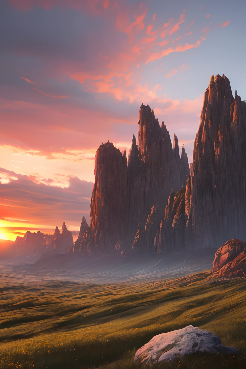 Stunning landscape photography with sunset view, Masterpiece, trending on CGsociety, 4k, 8K, HD, [Artstation:1], Concept art, Highly detailed, sharp-focus, [sub-surface Scattering:1], art by Gabriel Lekeghian and Abbas