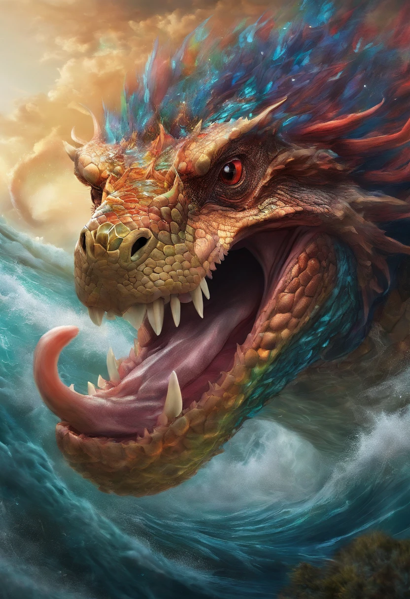 Dragon turtle,Dragon head snake tail turtle back,Huge waves,the detail,super-fine,Ultra photo realsisim,Hyper-realistic,Works of masters,8K wind resolution,OC renderer,