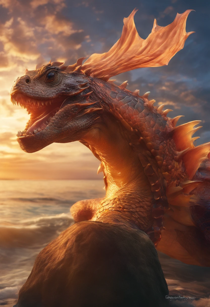 Dragon turtle，Dragon head snake tail turtle back，Huge waves，the detail，super-fine，Ultra photo realsisim，Hyper-realistic，Works of masters，8K wind resolution，OC renderer，