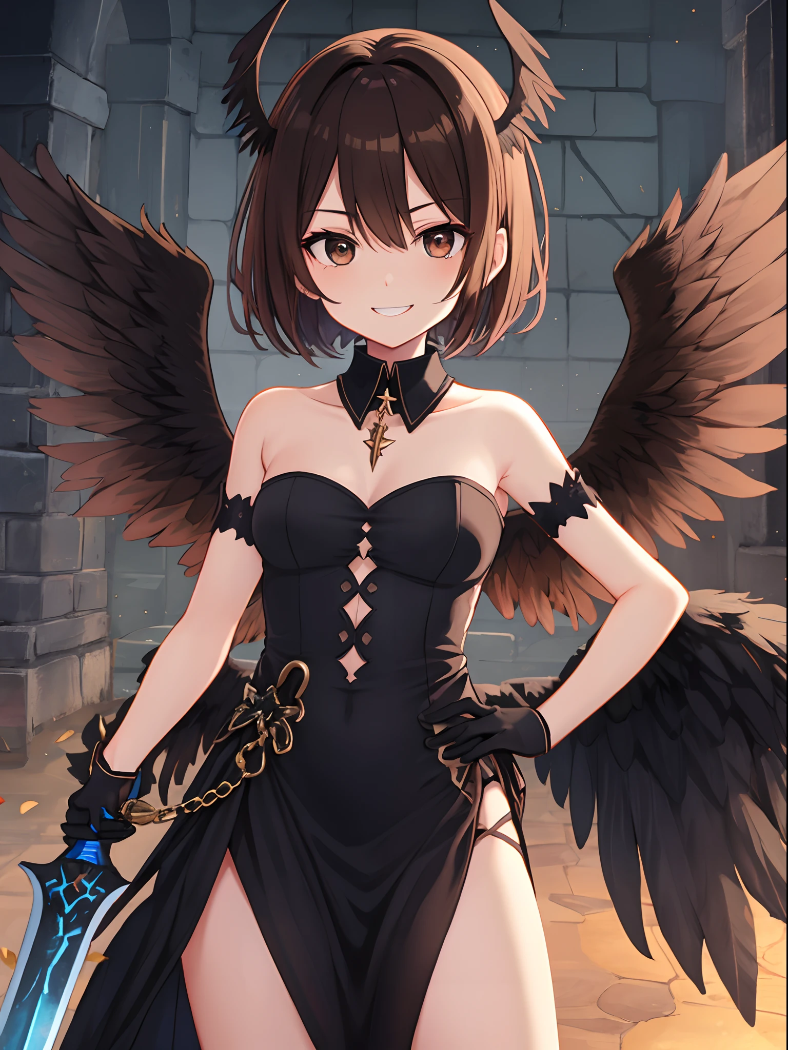 best pictures, masutepiece, ​masterpiece、super precision、sword in hands、High quality anime girl with brown hair and brown eyes、Black big wings、[3D images:1.25],[[Attractive eyes,A detailed eye、radiant eyes, Colorful eyes:1.1]]、Detailed Fallen Angels、Black ugly gloves, Black ugly dress, bare shoulders​, Detached collar, Black wings, Feathered wings, low wings, cowboy  shot, is standing, Dungeon, evil smile,
