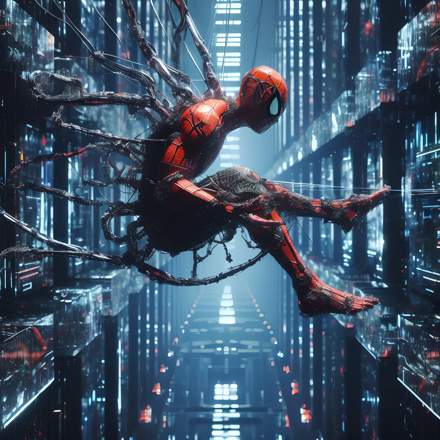 countercultural antiheroe trapped in a dehumanized, high-tech future cyber bio-mechanical spiderman mix of arachnid and man. Unreal engine, cinema4d 8k resolution by David Cronenberg and The Matrix