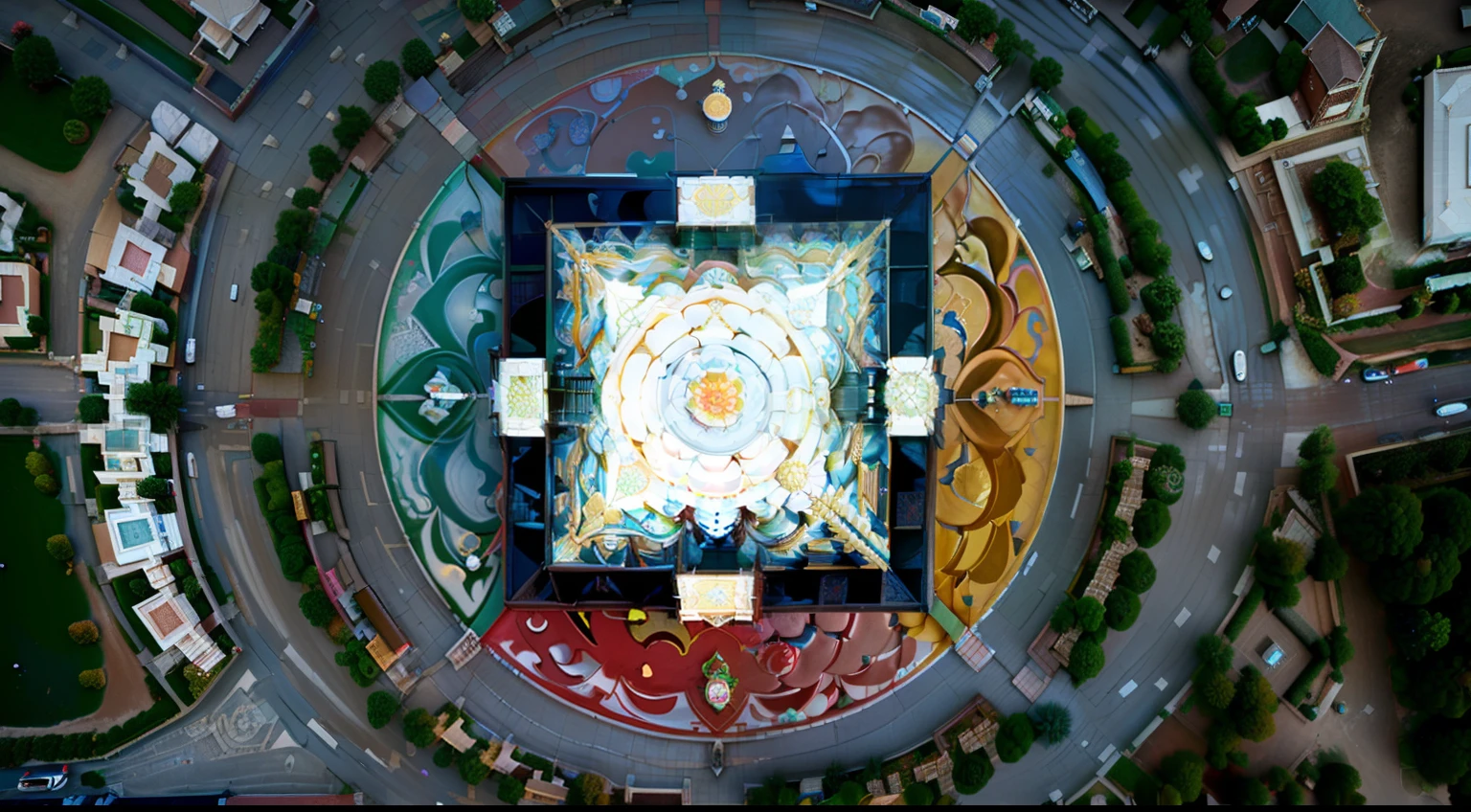 Aerial view of the square building with a fountain in the middle, a beautiful buddhist mandala, giant lotus mandala, color aerial photo drone, upper view, top - view, View from above, Yantra, looking from above, shot from above, photo taken from above, nanquan, Top-down view, top - down view, looking from above, top down shot
