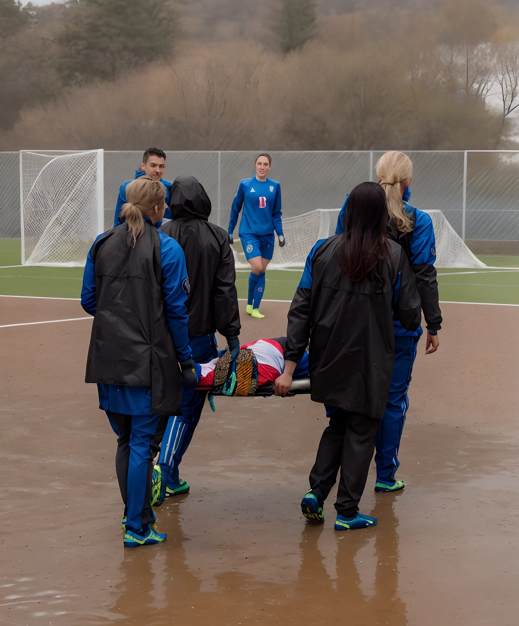 two longhaired chinese women are kneeling in the grass close to a lying male soccer player, two longhaired chinese women in high shine down coats and wetlook leather leggings, two longhaired chinese women are giving treatment to a wounded sportsman in a sports stadium, soccer scene, accident, first aid, help to a wounded man, first aid for an injured soccer player, there is an injured soccer player lying in pain on the ground and covering his agonised and suffering face with both hands, two longhaired chinese women are giving a massage to an injured sportsman who is lying in pain on the ground, two longhaired chinese women are wearing very shiny waterproof clothes, dramatic action scene, hyperrealistic, photorealistic, photo, ultra realistic, theatralic pity pose, celebrating first aid, two longhaired chinese women are looking very concerned and sad, two longhaired chinese women have tears in their eyes, two longhaired chinese women are shouting out angry