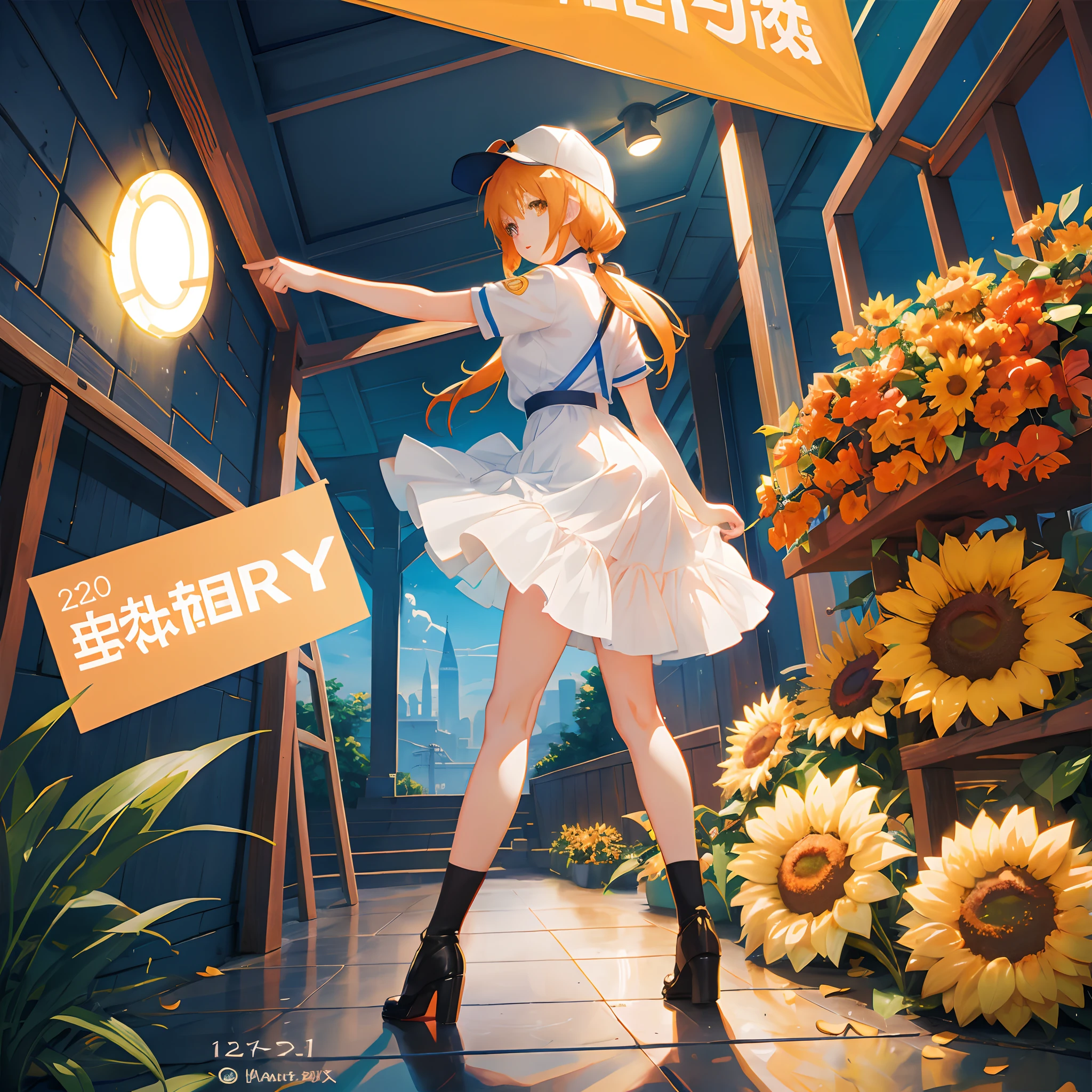 beautiful sunflower anime girl, Realistic anime 3 D style, An anime cover, anime styled digital art, （tmasterpiece：1.2，high high quality），Orange，A little sunshine，cap，Single horsetail，teens girl，full bodyesbian，Stand up