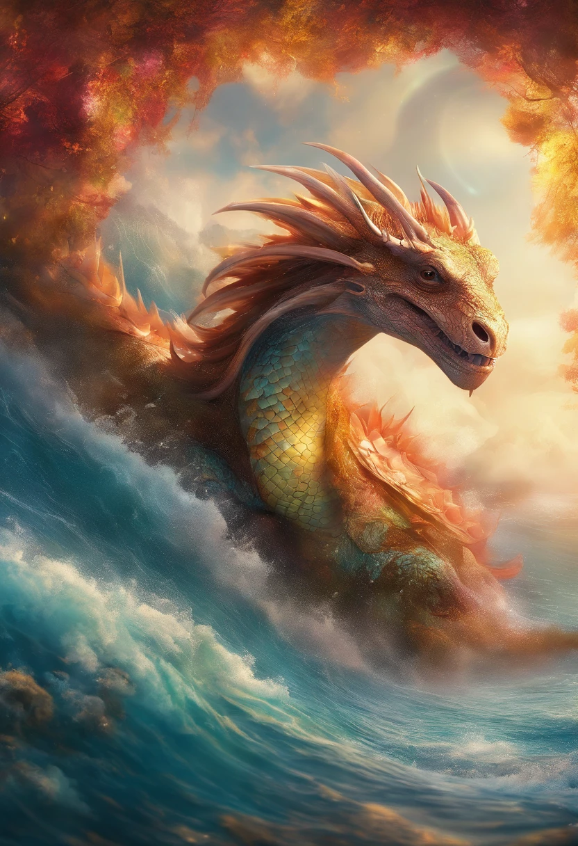 Dragon turtle,Dragon head snake tail turtle back,Huge waves,the detail,super-fine,Ultra photo realsisim,Hyper-realistic,Works of masters,8K wind resolution,OC renderer,