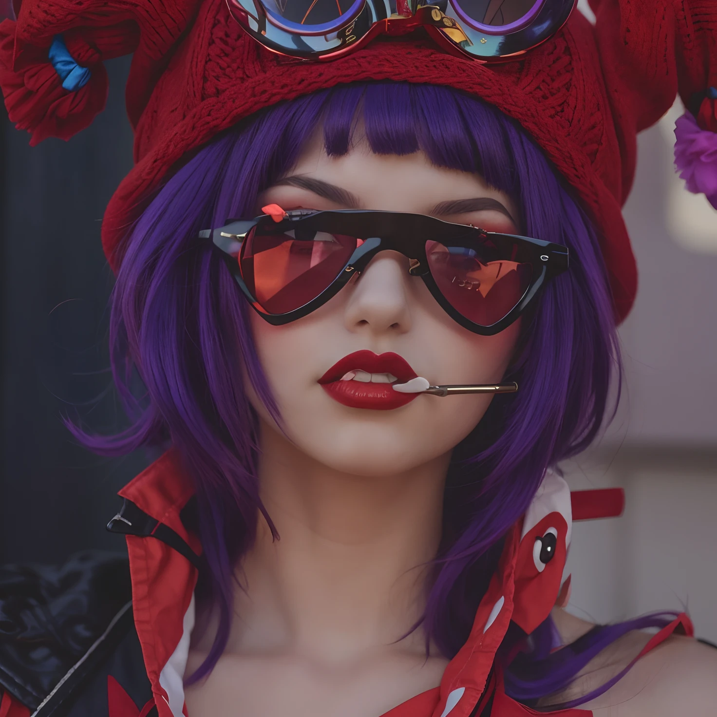 beautiful girl with red lens glasses, purple hair, red lips, cigarette on her lips, wearing a clown hat
