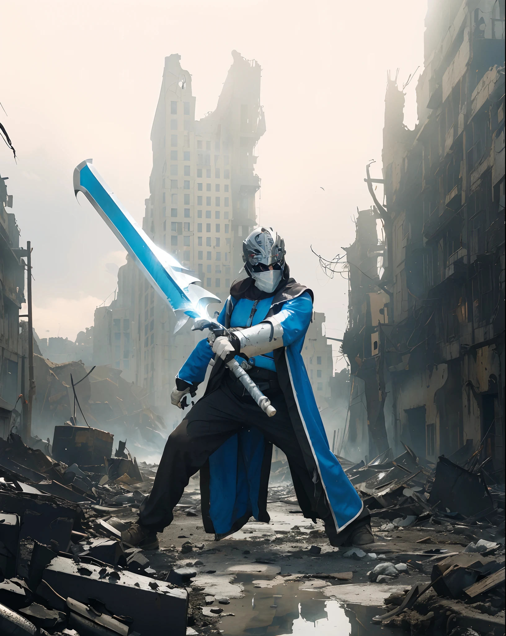 ((Kamenraider)),((realistic, photorealistic)),(Steel mask )), Light reflection, (( mask light)), navel, detached sleeves,((upper body)), (((best quality, masterpiece))), Looking for viewers, outdoor,Buildings destroyed light of fire ,sword light,Destroyed buildings, fire debris, blue aura,water reflection,