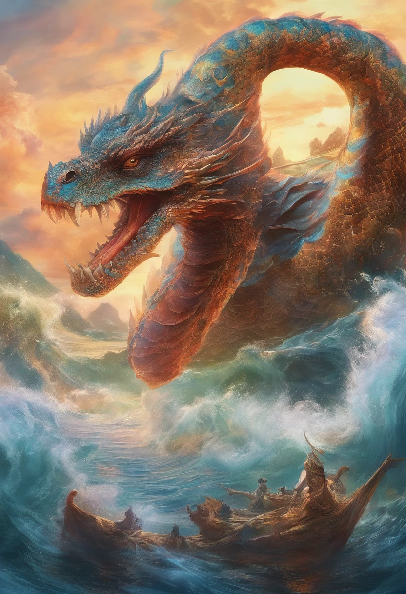 Dragon turtle,Dragon head snake tail turtle back,Heavy tortoise shell,Huge waves,the detail,super-fine,Ultra photo realsisim,Hyper-realistic,Works of masters,8K wind resolution,OC renderer,