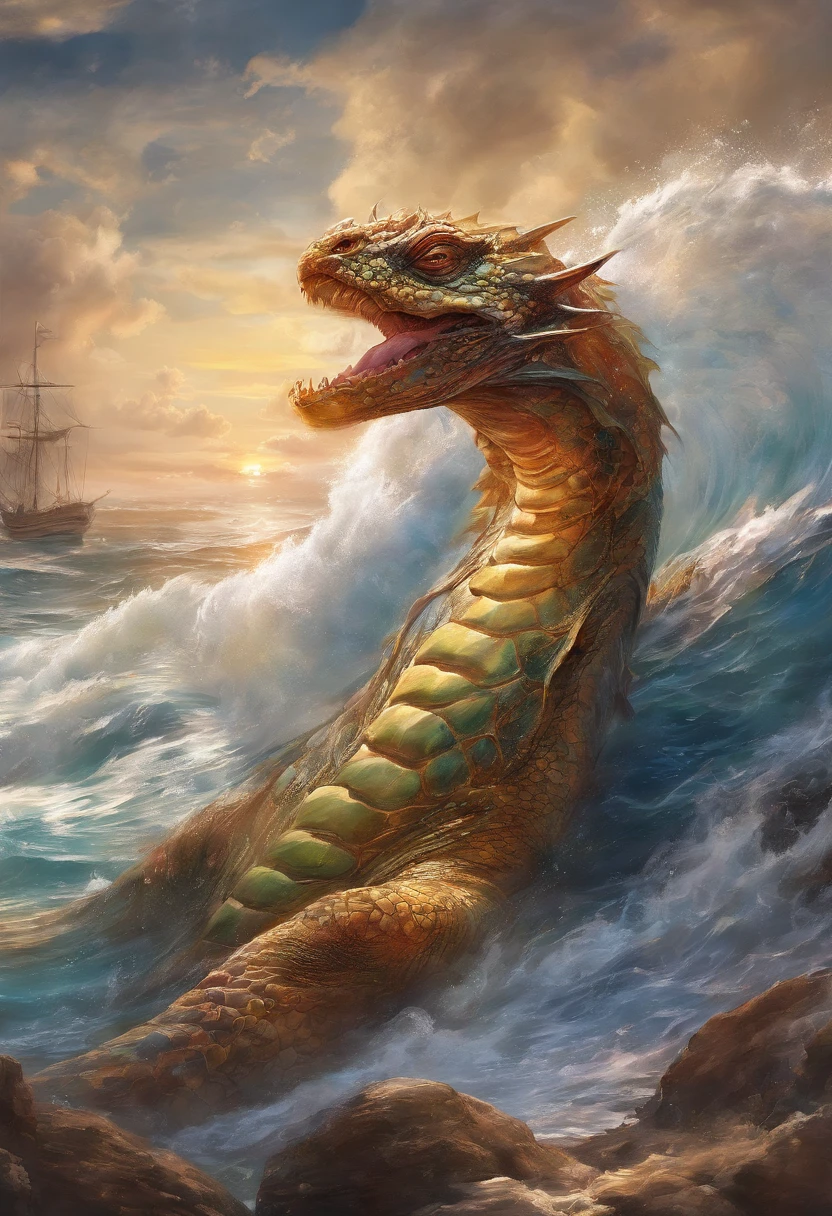 Dragon turtle,Dragon head snake tail turtle back,Heavy tortoise shell,Huge waves,the detail,super-fine,Ultra photo realsisim,Hyper-realistic,Works of masters,8K wind resolution,OC renderer,