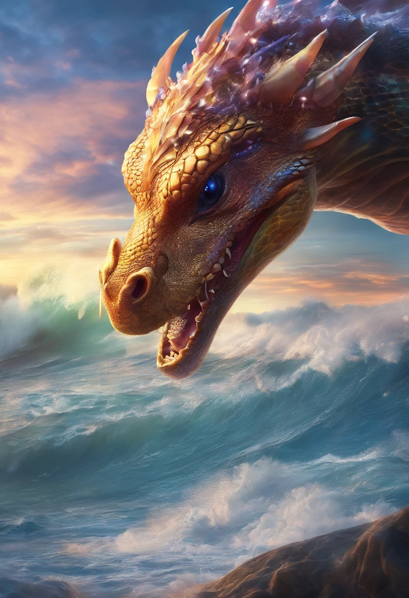 Dragon turtle,Dragon head snake tail turtle back,Heavy tortoise shell,Huge waves,the detail,super-fine,Ultra photo realsisim,Hyper-realistic,Works of masters,8K wind resolution,OC renderer,