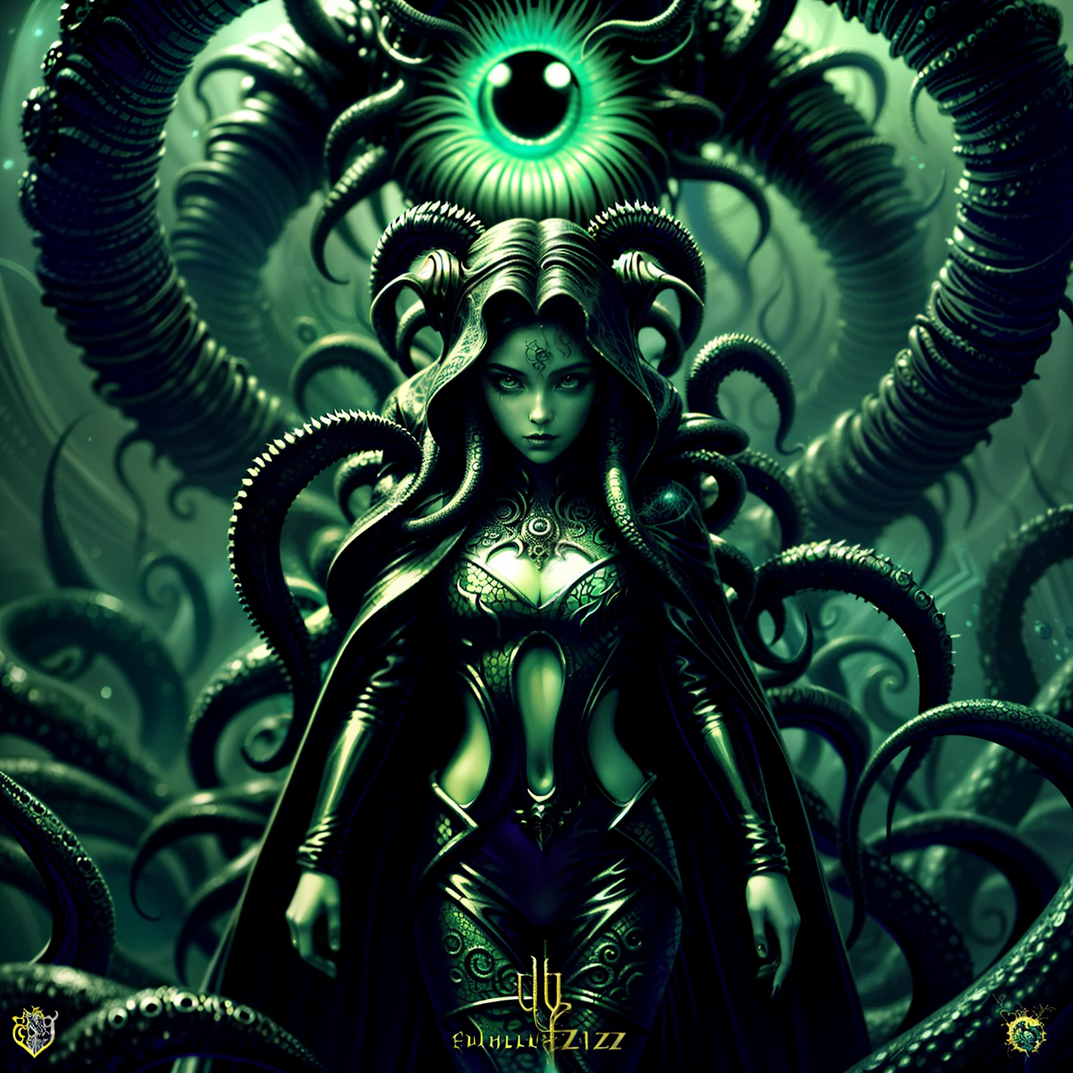 tmasterpiece，Close-up of a beautiful girl wrapped in tentacles，Cunning characters，
Featured Dark Academy，iconic album covers，Cthulhu，Daniel Gerkhaz style ，Surrealist comic book style ，fisheyelens，Limit the viewing angle