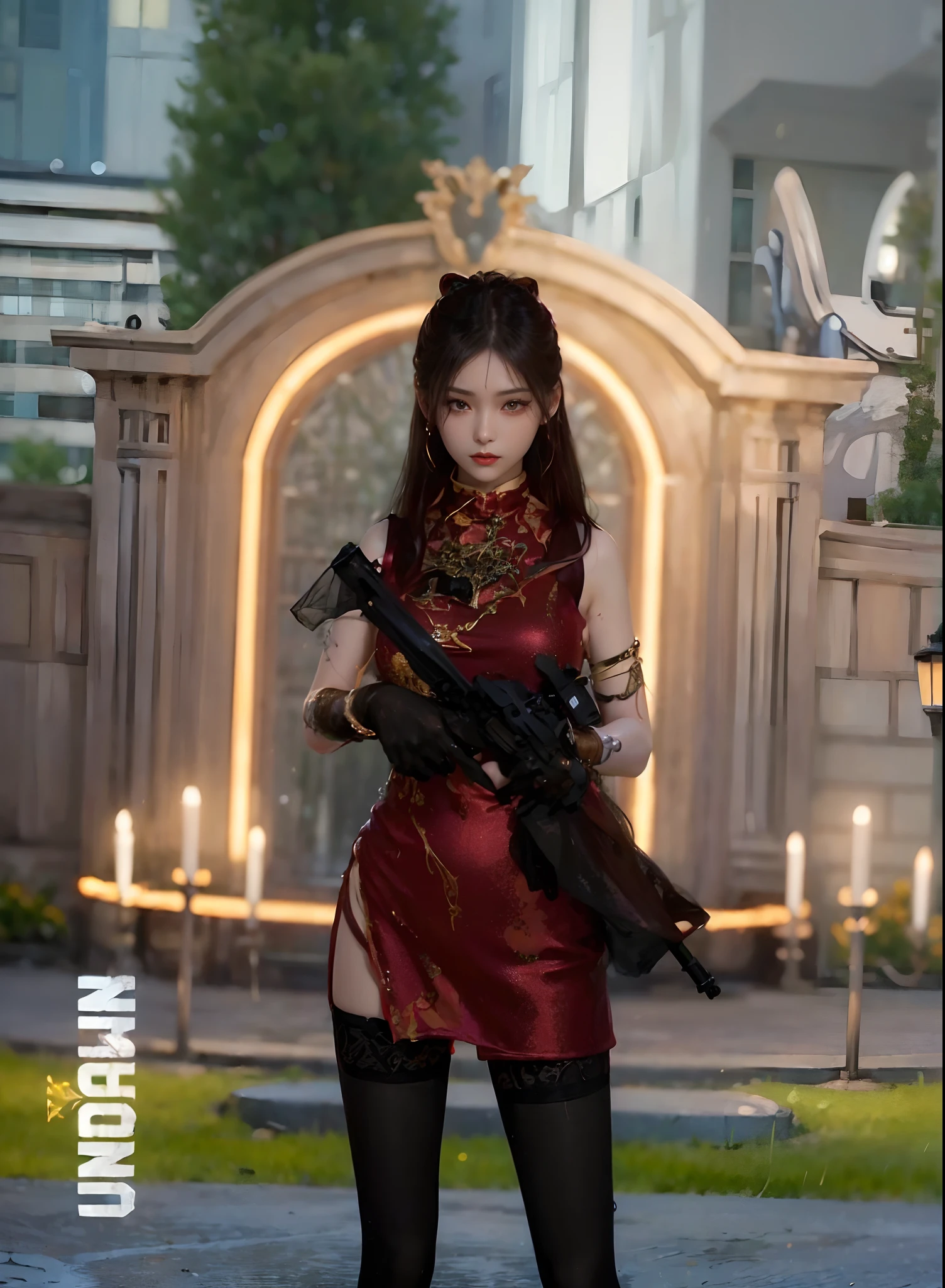 (Best quality, 8k, Masterpiece :1.3), (realistic, photorealistic: 1.37), (1girl), (Pretty woman in her 20s), (slim), (emphasizing slender abs :1.3), (korean girl),hold gun detailed,(random pose), (wet body), (long hair, random hairstyle), (large breasts :1.3), (outdoors), (Ultra-detailed face), (Detailed eyes), (Double eyelids), (eyeshadow intensifying), (many eyelashes), (long legs), (professional lighting), (photon mapping), (radiosity), (looking directly at viewer)