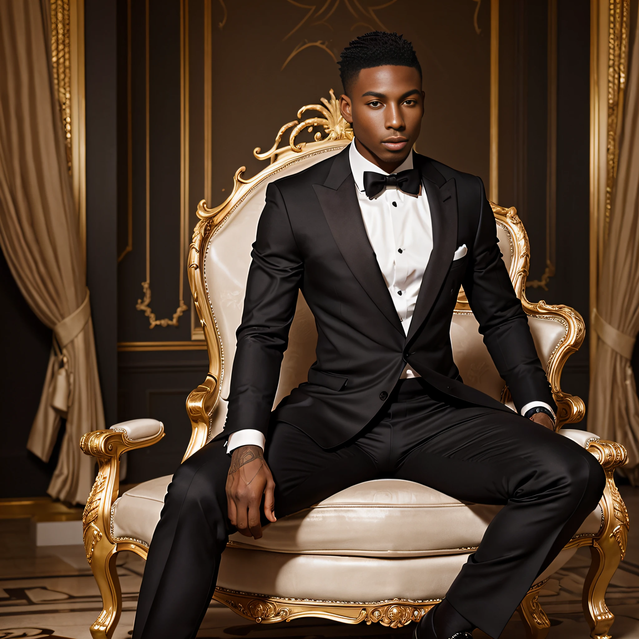 "An elegant black man gentleman,(mois kean), dressed in a sleek and refined suit, confidently seated on a majestic throne."
